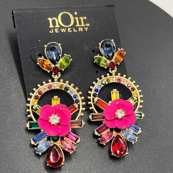 Noir Jewelry Multicolor Rhinestone Pink Flower‎ Floral Dangle Earrings New - Picture 1 of 7